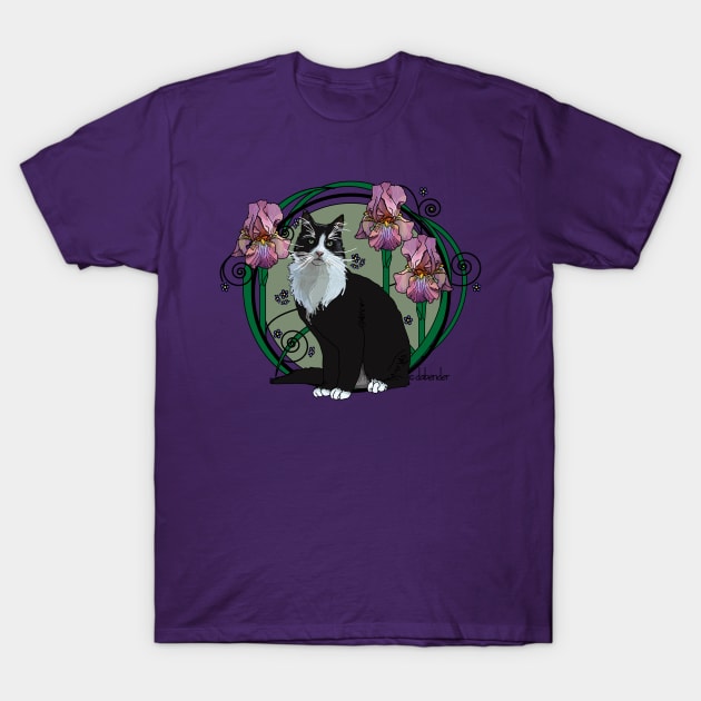 Black and White Cat with Irises 2 T-Shirt by avondalealley